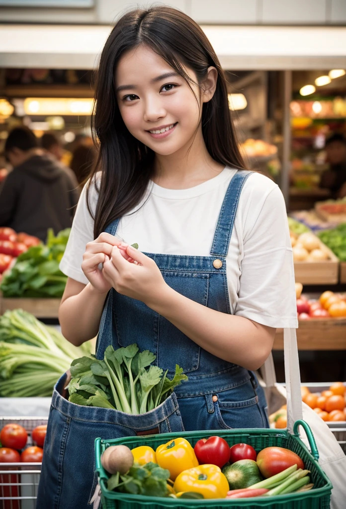 Cinematic still of girl holding shopping bag full of vegetables with paws, shopping with smile in a market. . Shallow depth of field, vignette, highly detailed, high budget, bokeh, Cinemascope, moody, epic, gorgeous, film grain, grainy