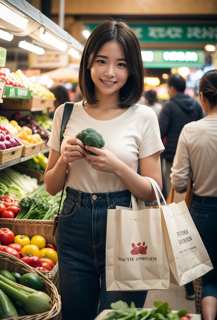 Cinematic still of girl holding shopping bag full of vegetables with paws, shopping with smile in a market. . Shallow depth of field, vignette, highly detailed, high budget, bokeh, Cinemascope, moody, epic, gorgeous, film grain, grainy