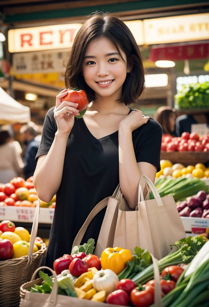 Cinematic still of girl holding shopping bag full of vegetables with paws, shopping with smile in a market. . Shallow depth of field, vignette, highly detailed, high budget, bokeh, Cinemascope, moody, epic, gorgeous, film grain, grainy