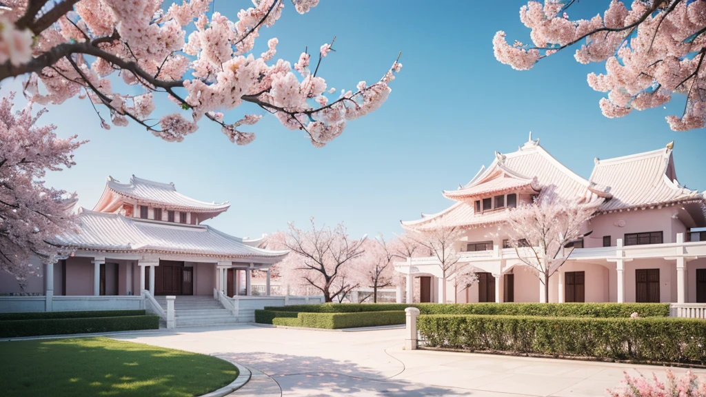 A screen is placed among the peach blossom branches,television ,White peach blossoms,television产品渲染,White and pale pink shades,No Characters,Sky,outdoor,3d,OC Renderer,High quality local rendering, Clean 3D Rendering,Hyper-realistic 3D rendering,