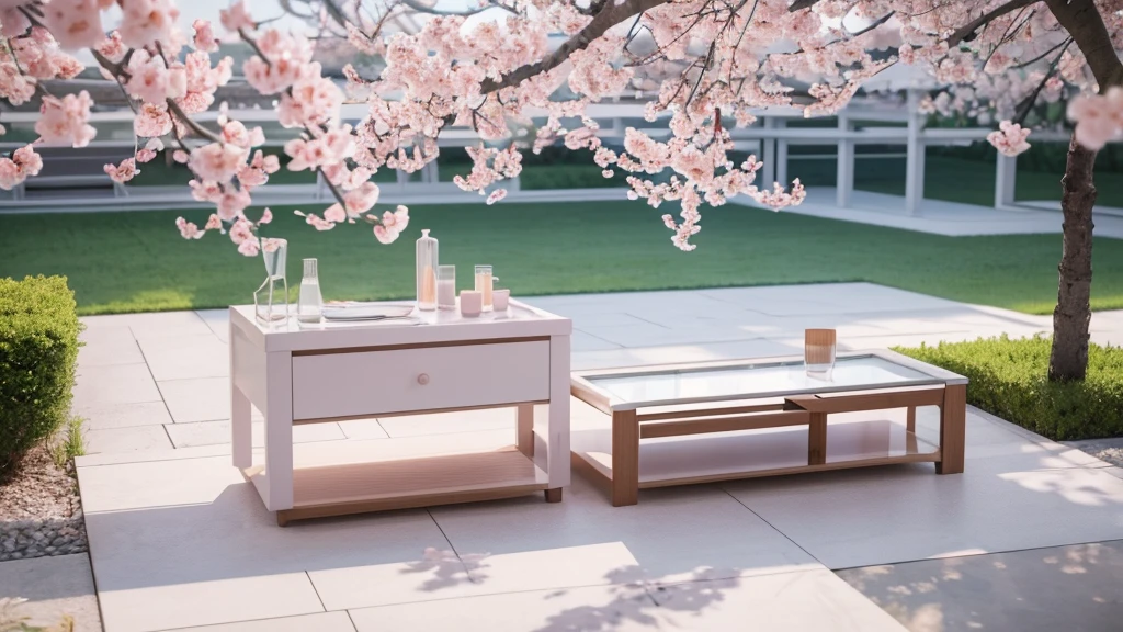 A screen is placed among the peach blossom branches，television ，White peach blossoms，television产品渲染，White and pale pink shades，No Characters，Sky，outdoor，3d，OC Renderer，High quality local rendering, Clean 3D Rendering，Hyper-realistic 3D rendering，