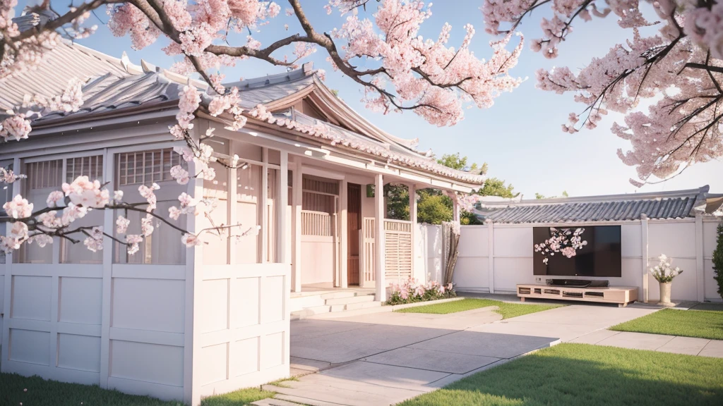 A screen is placed among the peach blossom branches，television ，White peach blossoms，television产品渲染，White and pale pink shades，No Characters，Sky，outdoor，3d，OC Renderer，High quality local rendering, Clean 3D Rendering，Hyper-realistic 3D rendering，