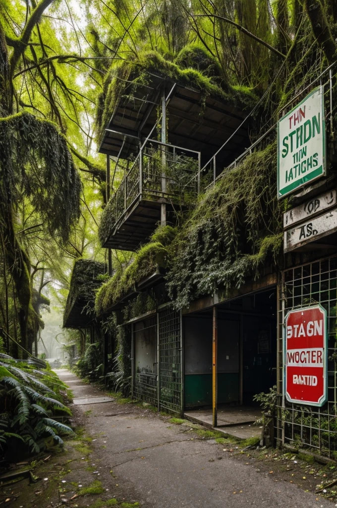 A place where you will find a small store full of posters, the structure with moss and vegetation such as trees and bushes with signs and traffic signs, something almost abandoned. Far view
