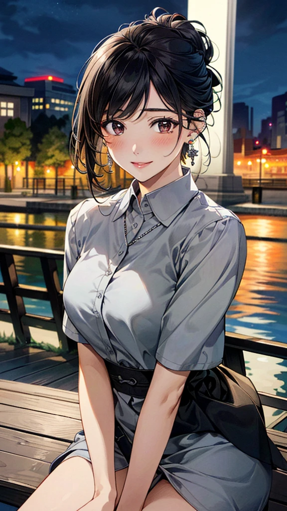 (masterpiece:1.3, Highest quality, Ultra-high resolution, Super detailed), (Realistic, photoRealistic:1.4), Beautiful illustrations, Perfect lighting, colorful, Depth of written boundary, Beautiful detailed hair, Beautifully detailed face, Beautiful fine details, Droopy eyes、Beautiful clavicle, Beautiful body, 美しいLarge Breasts, Beautiful thighs, Beautiful feet, Beautiful fingers, View Viewer、Front view:0.6, Beauty1人, Japanese, Beauty、30 years old, Perfect Face, (Perfect Anatomy, Anatomically correct), Cute and symmetrical face, Baby Face, , Shiny skin, (with thin belt、Grey short-sleeved A-line collared shirt dress:1.4) (Black Hair, Updo Hair:1.4), braided bangs、Dark brown eyes, Large Breasts, Slim body, necklace, Small earrings:1.1, (Beautiful views), (night), (city, cityscape in the distance), Riverside、Sitting on a bench, A soft smile、(Smile, Lips parted),