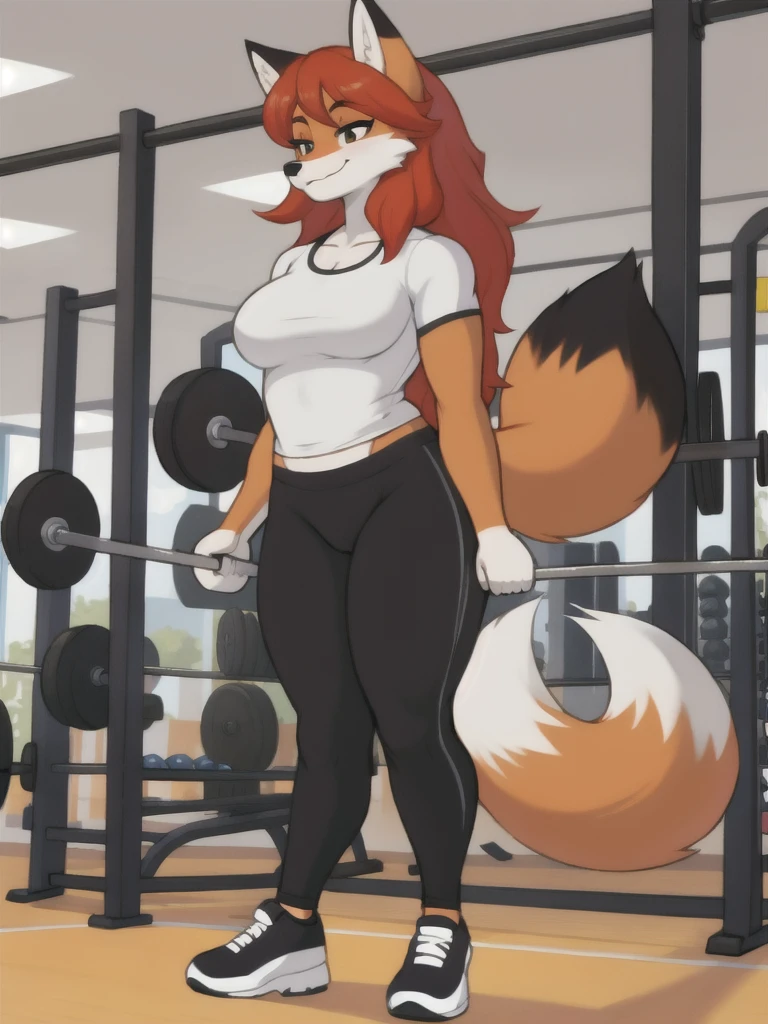 Furry, fox, female, white shirt, black leggings, shoes, gym, , full body