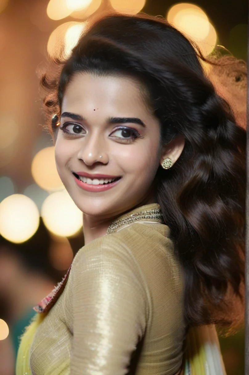 hires close up portrait photo of mithila palkar woman, outdoors, realistic skin texture, smiling, looking looking at camera, indian clothes, smiling, night time, beautiful bokeh   