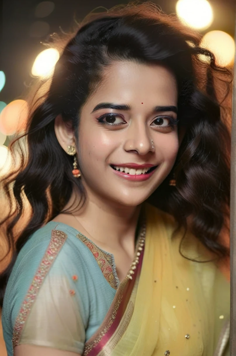 hires close up portrait photo of mithila palkar woman, outdoors, realistic skin texture, smiling, looking looking at camera, indian clothes, smiling, night time, beautiful bokeh   