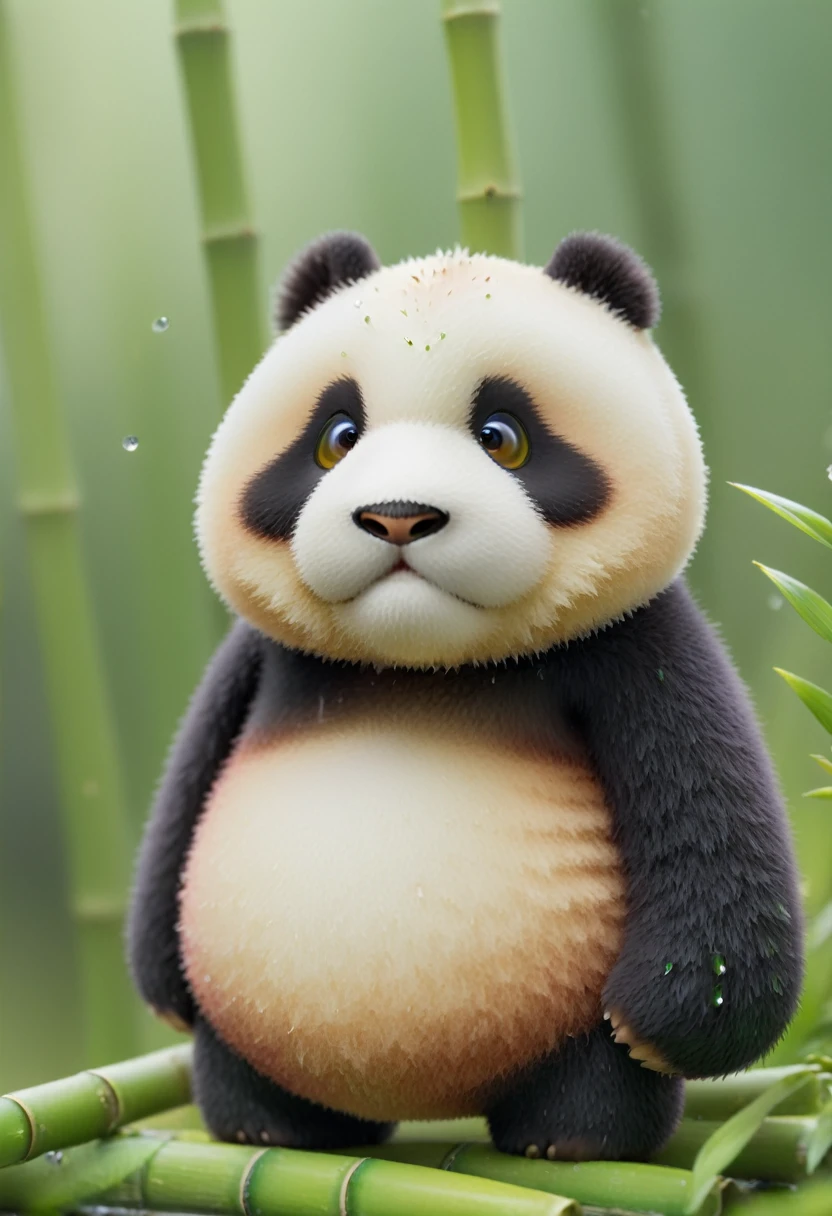 Cute realistic chubby fluffy mini panda, (tilt-shift:1.5), macro photography, (lush bamboo:1.2), (morning dew:1.3), playful, (tiny:1.4), tiny flowers, whimsical, miniature world, (fine fur details:1.1), soft focus, dreamy, (tranquil:1.2), nature-inspired, imaginative, serene, realistic