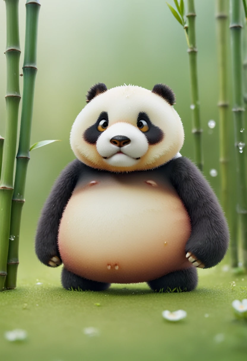 Cute realistic chubby fluffy mini panda, (tilt-shift:1.5), macro photography, (lush bamboo:1.2), (morning dew:1.3), playful, (tiny:1.4), tiny flowers, whimsical, miniature world, (fine fur details:1.1), soft focus, dreamy, (tranquil:1.2), nature-inspired, imaginative, serene, realistic