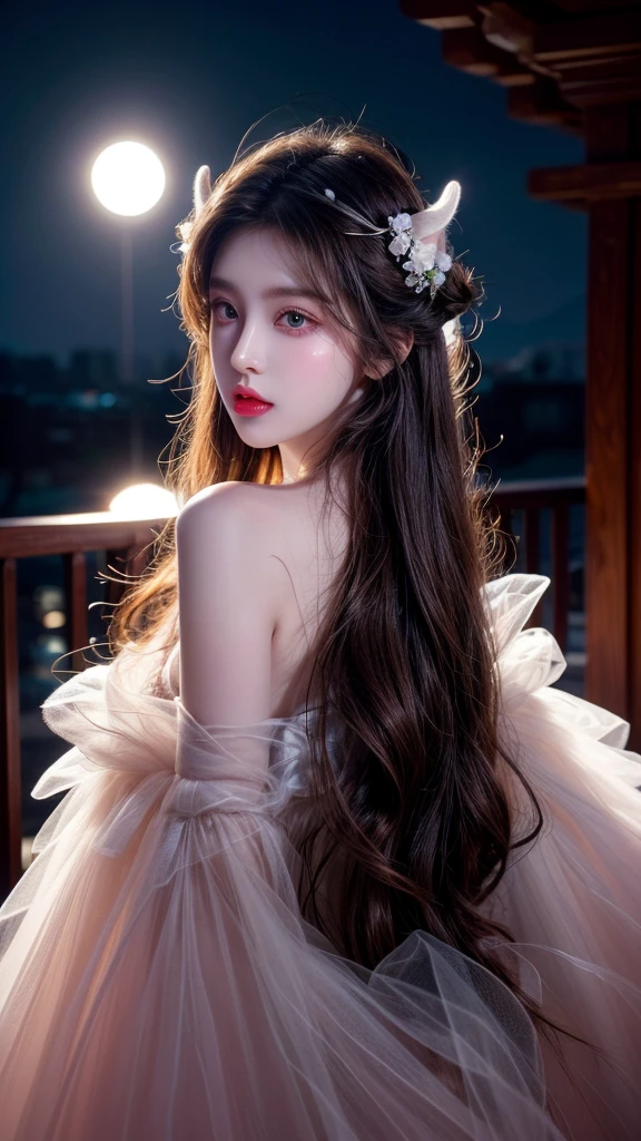 Long flowing brown hair,Fluorescent eyeshadow,Glowing pale eyes,Moon,Demon-free,Plush ears,moonlight,Flowing tulle,Best picture quality,Transparent flowers,Gradient petals,Flower hairpin,Noodles