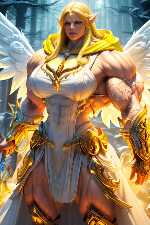 ((((Massive, tall, beautiful, buff, muscular brown skinned woman mage with yellow hair, ginormous bulky muscles, huge angel wings, holding a yellow mage staff and wearing a beautiful hooded white enchanted robe with long long skirt)))), (close-up view), vascular, massive muscle, massive biceps, hyper muscle shoulders, hyper muscle triceps, (flowing long hair), gray eyes, (wearing a long extremely intricate robes, long magical robes), (white mage boots), smirk, white gauntlets, (in a yellow Mystical forest), evening, Vascular arms, hyper vascular arm, hyper muscles arms, hyper muscle legs, massive arms.