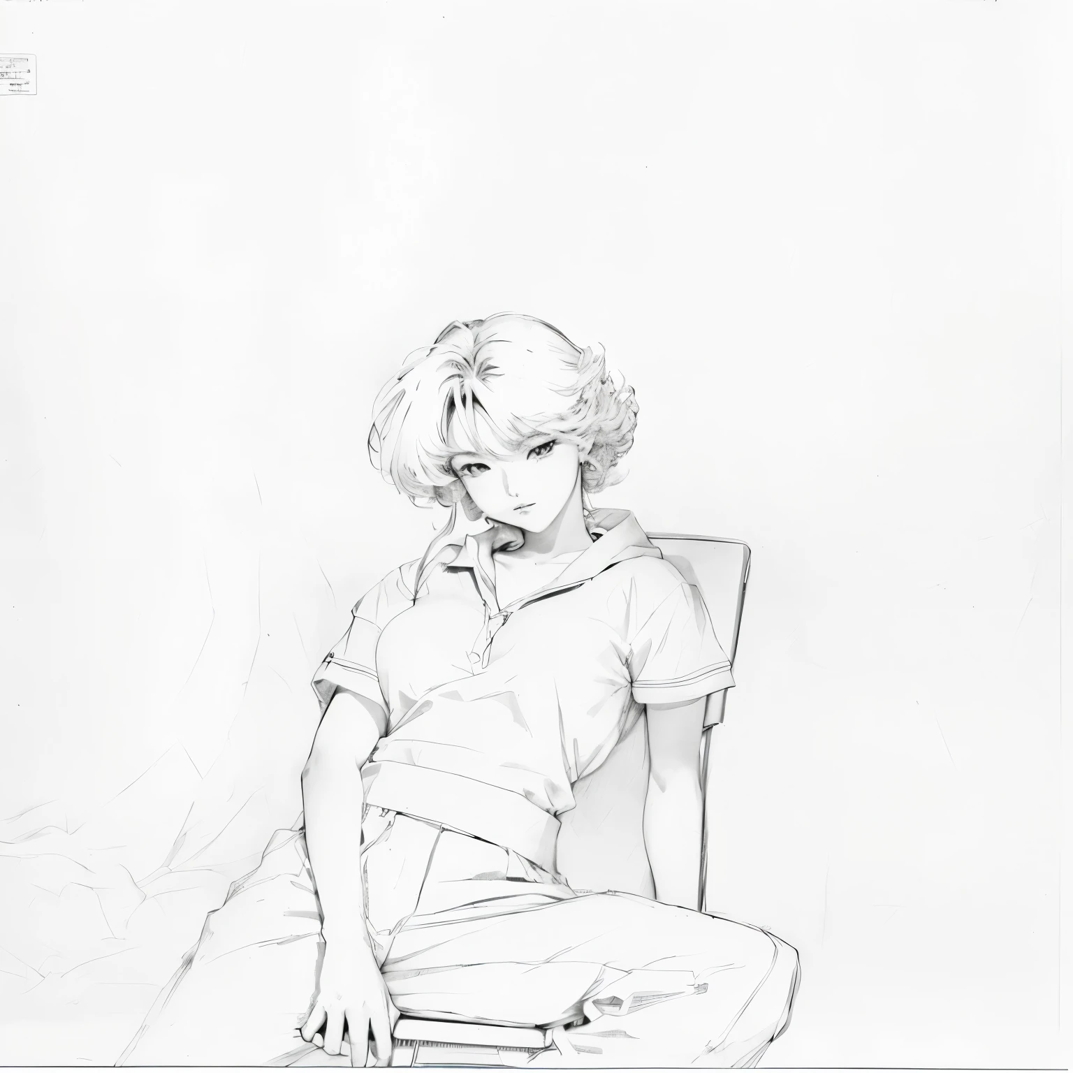 drawing of a woman sitting on a chair with her legs crossed, by Yuki Ogura, inspired by Naoko Takeuchi, anime sketch, a manga drawing, manga drawing, by Naka Bokunen, inspired by Yumihiko Amano, manga style of kentaro miura, casual pose, anime style drawing, an anime drawing, pencil and ink manga drawing
