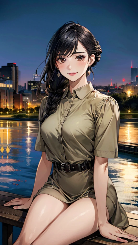 (masterpiece:1.3, Highest quality, Ultra-high resolution, Super detailed), (Realistic, photoRealistic:1.4), Beautiful illustrations, Perfect lighting, colorful, Depth of written boundary, Beautiful detailed hair, Beautifully detailed face, Beautiful fine details, Droopy eyes、Beautiful clavicle, Beautiful body, 美しいLarge Breasts, Beautiful thighs, Beautiful feet, Beautiful fingers, View Viewer、Front view:0.6, Beauty1人, Japanese, Beauty、30 years old, Perfect Face, (Perfect Anatomy, Anatomically correct), Cute and symmetrical face, Baby Face, , Shiny skin, (with thin belt、Khaki short-sleeved A-line collared shirt dress:1.4) (Black Hair, Updo Hair:1.4), braided bangs、Dark brown eyes, Large Breasts, Slim body, necklace, Small earrings:1.1, (Beautiful views), (night), (city, cityscape in the distance), Riverside、Sitting on a bench, A soft smile、(Smile, Lips parted),