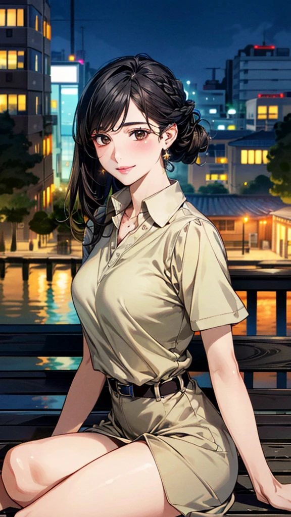 (masterpiece:1.3, Highest quality, Ultra-high resolution, Super detailed), (Realistic, photoRealistic:1.4), Beautiful illustrations, Perfect lighting, colorful, Depth of written boundary, Beautiful detailed hair, Beautifully detailed face, Beautiful fine details, Droopy eyes、Beautiful clavicle, Beautiful body, 美しいLarge Breasts, Beautiful thighs, Beautiful feet, Beautiful fingers, View Viewer、Front view:0.6, Beauty1人, Japanese, Beauty、30 years old, Perfect Face, (Perfect Anatomy, Anatomically correct), Cute and symmetrical face, , , Shiny skin, (with thin belt、Khaki short-sleeved A-line collared shirt dress:1.4) (Black Hair, Updo Hair:1.4), braided bangs、Dark brown eyes, Large Breasts, Slim body, necklace, Small earrings:1.1, (Beautiful views), (night), (city, cityscape in the distance), Riverside、Sitting on a bench, A soft smile、(Smile, Lips parted),