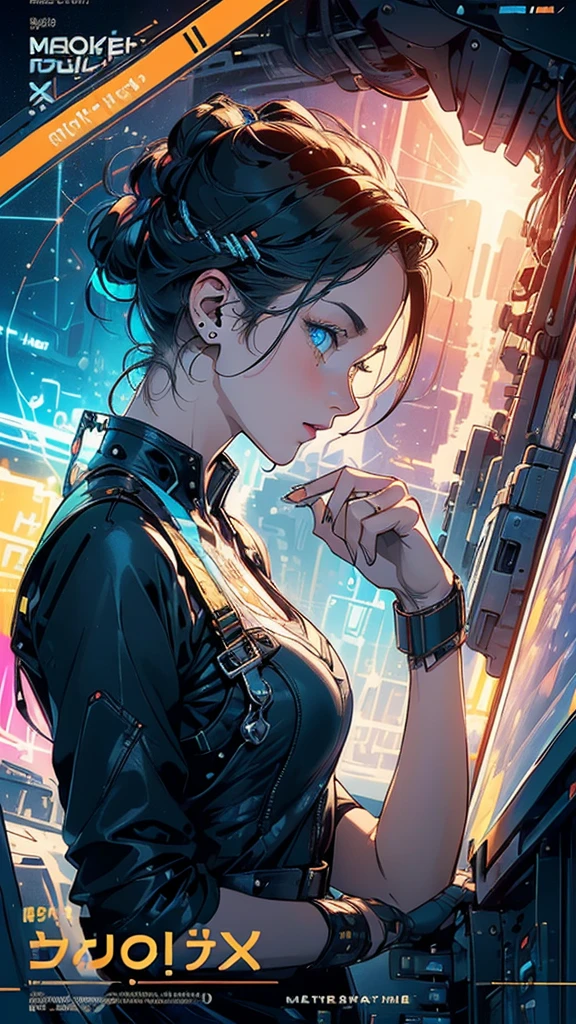 (((masterpiece, highest quality))),(((solo:1.2))),(((1girl:1.2))),32k wallpaper, very detailed, poster, vintage science fiction,(((((geometric cinematic movie poster))))), (bauhaus), shape,(((abstract))),(mid century modern),movie poster,(((((portfolio))))),(((((Close-up))))),(((((bust up))))),((((more various angle)))),(((highlight))),Vast landscape,((((heterochromia)))),(((complete. detailed face))),(((Extremely talented))),(((((most complecated machine))))),Colorful color scheme,(Cleavage),(((((unlimited mechanic Workaholic)))))