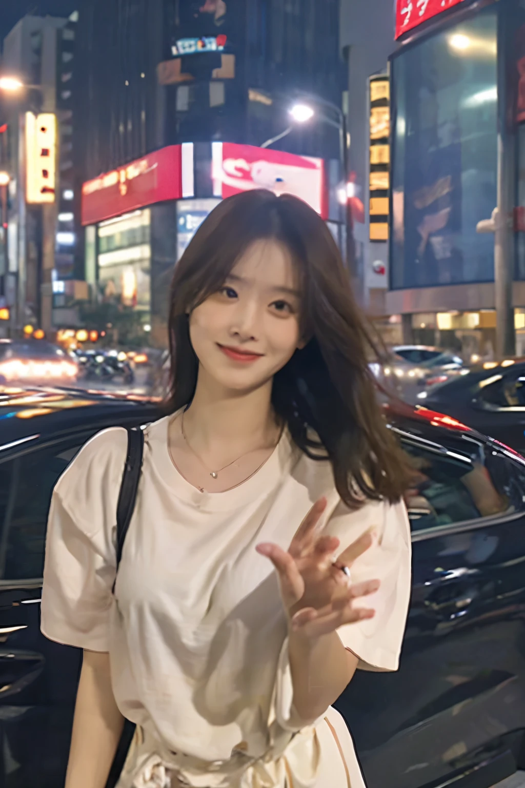 Couple, A spoiled girlfriend,semi-long, wave hands,Tokyo Street,summer night, Cityscape,City lights, Short sleeve man,whole body,close, 8k, RAW Photos, Highest quality, masterpiece,Realistic, photo-Realistic,