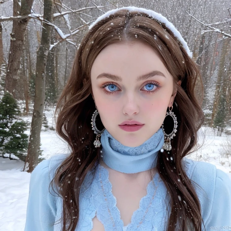 Beautiful girl - Lily Rose Depp, blue eyes, long curly white hair witg, detailed facial traits, beautiful earrings, national turkic female dress, naked breasts, yurta behind, it's snowing, sexy pose