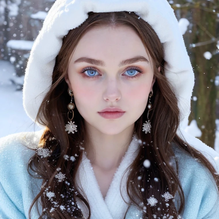 Beautiful girl - Lily Rose Depp, blue eyes, long curly white hair witg, detailed facial traits, beautiful earrings, national turkic female dress, naked breasts, yurta behind, it's snowing, sexy pose