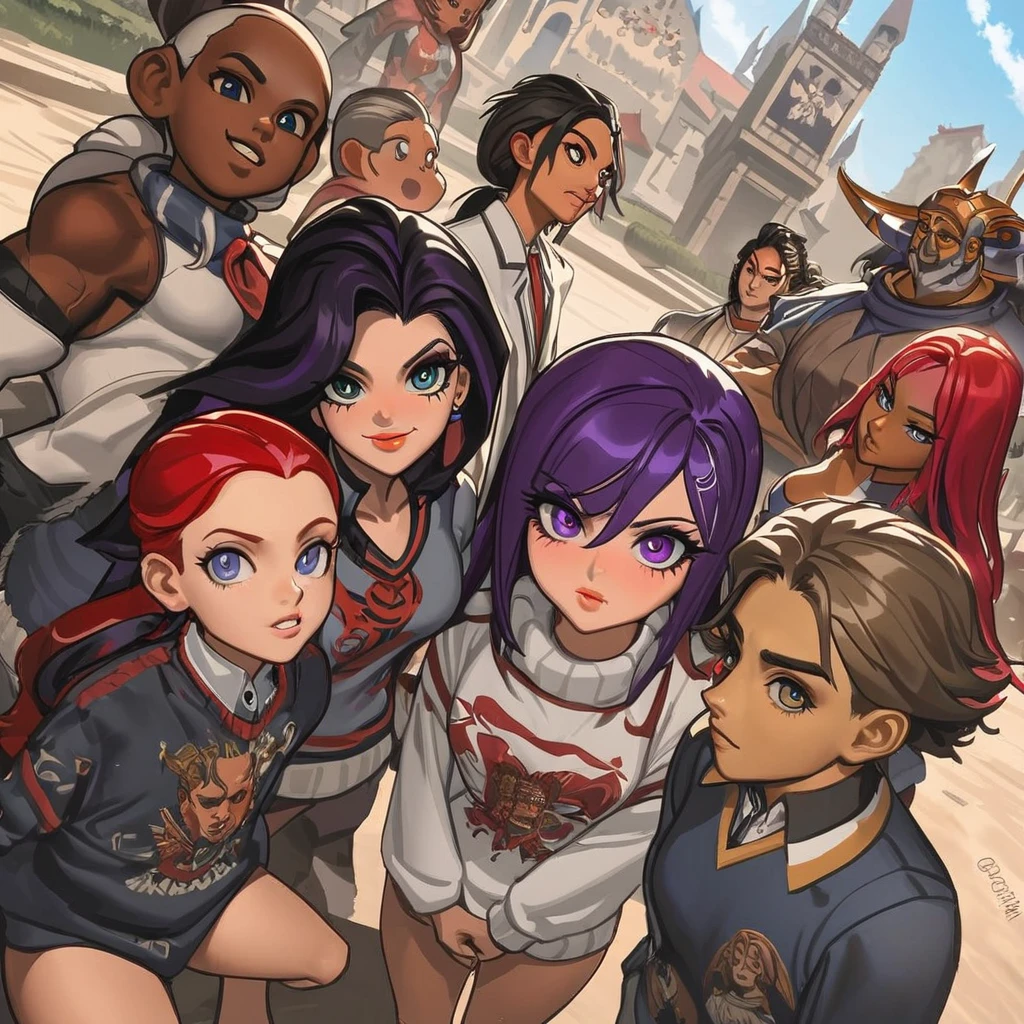 Obra de arte, melhor qualidade, extremamente detalhado,dutch angle, anime,Large school sweater、saia xadrez xadrez,pele bronzeada,15 anos ,dark skin tiny body,peito pequeno,baby face,hand between legs,QUEBRAR,cabelo roxo escuro multicolorido,rabo de cavalo lateral,cabelo curto com mechas longas,QUEBRAR,olhos vermelhos,sobrancelha grossa,inexpressivo,Detailed lips,False eyelashes,QUEBRAR,red cotton ribbon,QUEBRAR,QUEBRAR,microssaia,QUEBRAR,escola
