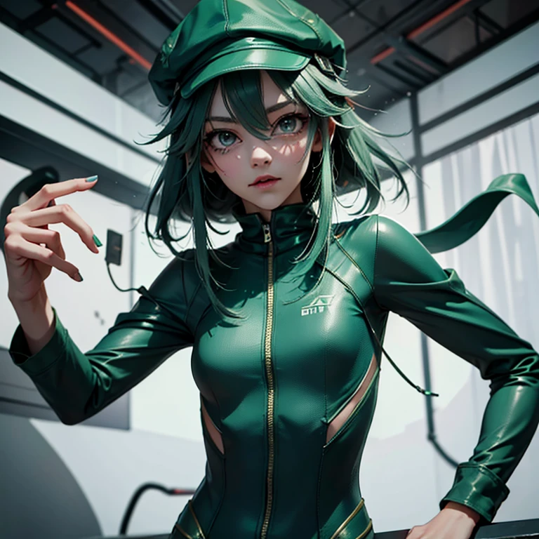 Slim girl, hacker, with a cap, messy green hair, attentive gray eyes, cunning expression, thin and flexible body, with agile and quick fingers.