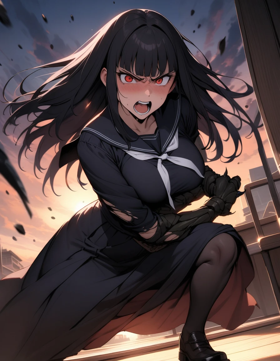 (masterpiece,best quality,very aesthetic),(ultra-detailed),nsfw,(atlach-nacha,degenerate),1girl,20yo,Statuesque,curvy,tall,long hair, black hair,straight hair,(blunt bangs),beautiful red eyes,glaring,open mouth,roaring,furious,rage,Hate,Abdominal injury,look down on with disdain,black serafuku in winter,long sleeves,(long skirt),white ribbon tie,torn clothes,painful,incoming attack,assaulting,swinging arm down at high speed,classroom,standing,on one knee,dusk sky,leather shoes,The setting sun is shining in the classroom,debris,(black Claws with arms fused like spider arm:1.3),solo,looking at viewer,POV,upper body