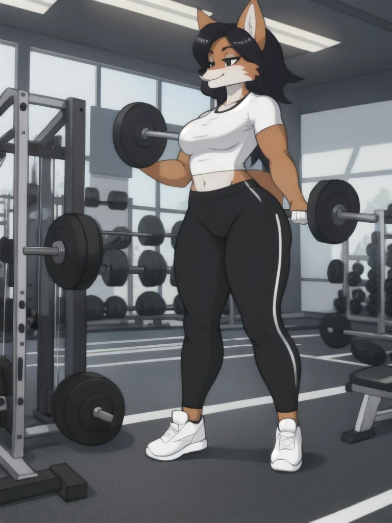 Furry, fox, female, white shirt, black leggings, shoes, gym, teen, full body