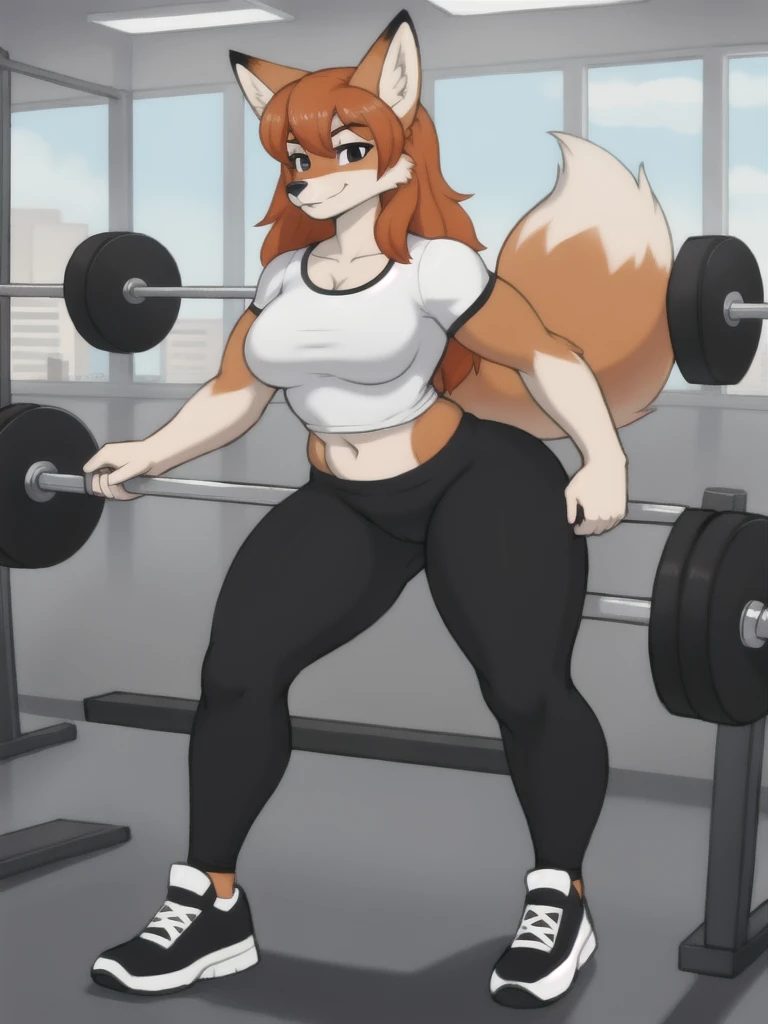Furry, fox, female, white shirt, black leggings, shoes, gym, teen, full body