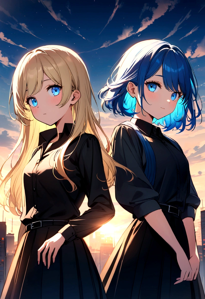 (Highest quality)half body group photo Girl 1: teenager, blue hair, blue eyes, black shirt, black skirt, The second girl, a teenager, bright yellow hair, blue eyes, black suit shirt, black skirt.,Girl 3: Teenager, light blond hair, blue eyes, black suit shirt, black skirt.,Beautiful morning light(Detailed background, morning (little light pollution))