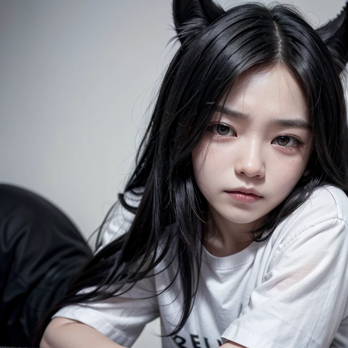 Boy, long black hair, big horns, wolf ears, tired face, sharp teeth, one closed eye, white shirt