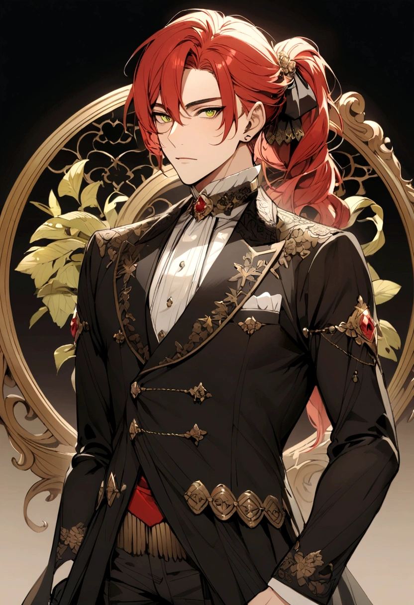 Adult male with red hair, yellow-green eyes and a ponytail