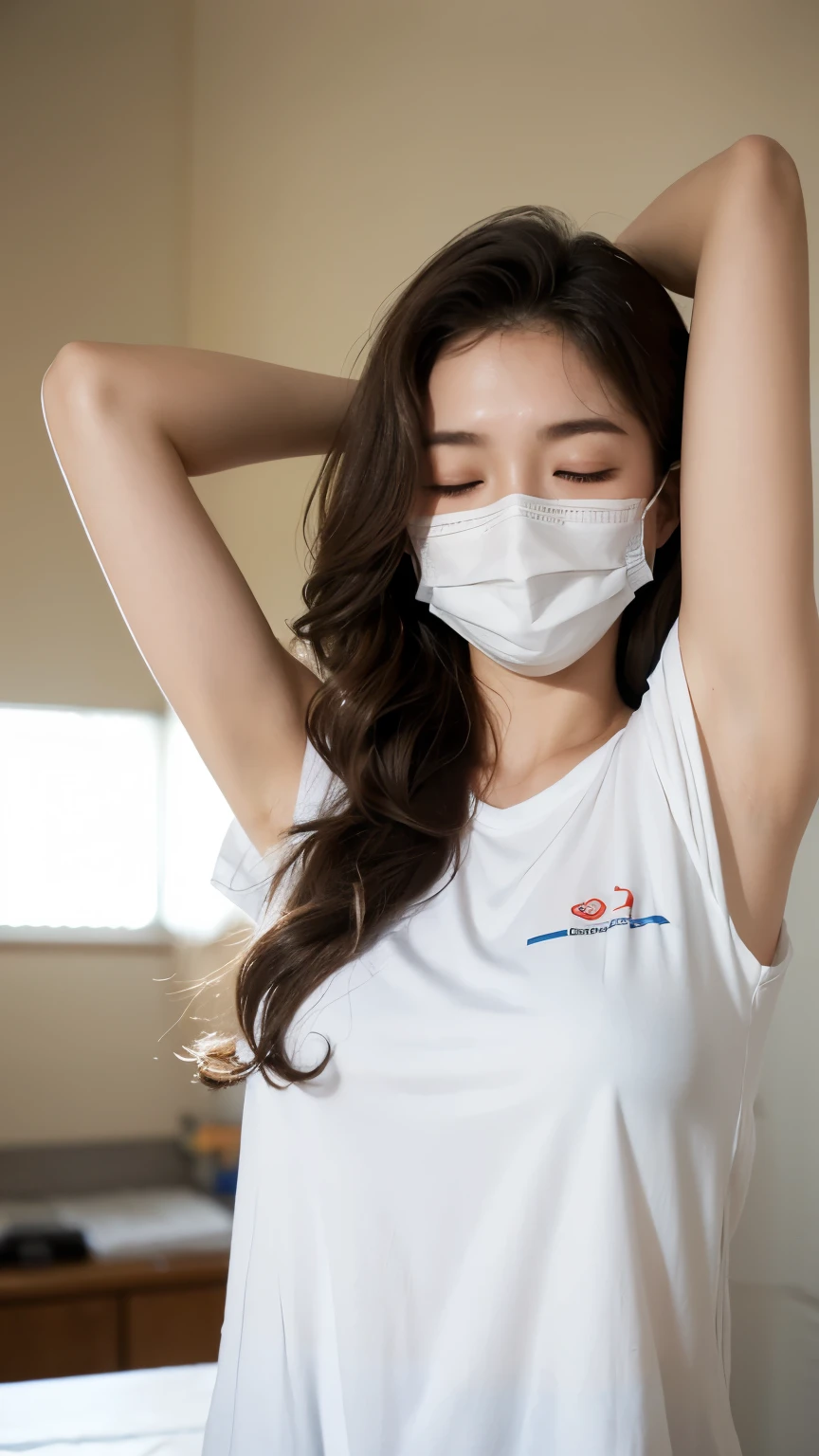 Hyper realistic portrait of a age girl, medium length curly hair, wearing white shirt with rolled up sleeves up to the shoulder level, face mask, raising her arms up, sweaty clothes, closed eyes, sweaty armpits, armpits,