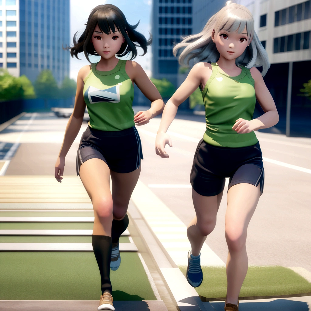 Anime characters running through a schoolyard, Anime girl running, Smooth anime CG art, Realistic Anime 3D Style, 3D Anime Real, anime cgi style, modern Anime Style, Running pose, Anime Style. 8k, Anime realism style, very modern Anime Style, Anime Styled 3d, in Anime Style, Realistic anime art style,Japanese high school girl