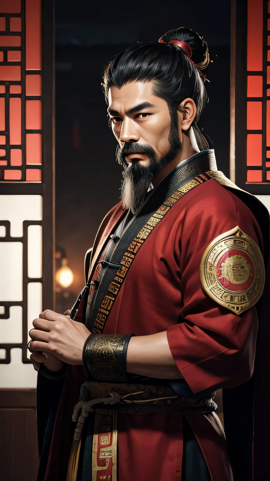 oriental、homem com roupas chinesas antigas、ancient chinese hairstyle man、three kingdoms、various warlords、mais alta qualidade、Obra de arte、ultra high resolution、(realista:1.4)、cartaz do jogo、Clear, beautiful image quality、roupas vermelhas、Barba comprida、Pano bordado enrolado em um topete、interior