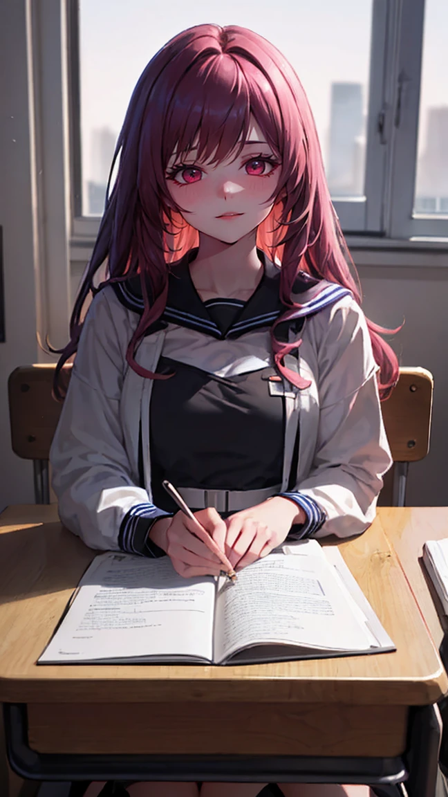 A man in a sailor suit、18-year-old young woman sitting in the classroom，Long purple hair (School 1.5 In the background) (Serious expression, Cold 1.5) (best quality: 1.1) (masterpiece: 1.3) with an unparalleled masterpiece, Surreal 8K, Perfect work of art, Super Detail, best quality, masterpiece 4K wallpaper aesthetics, masterpiece, Award-winning works, Official Art, light