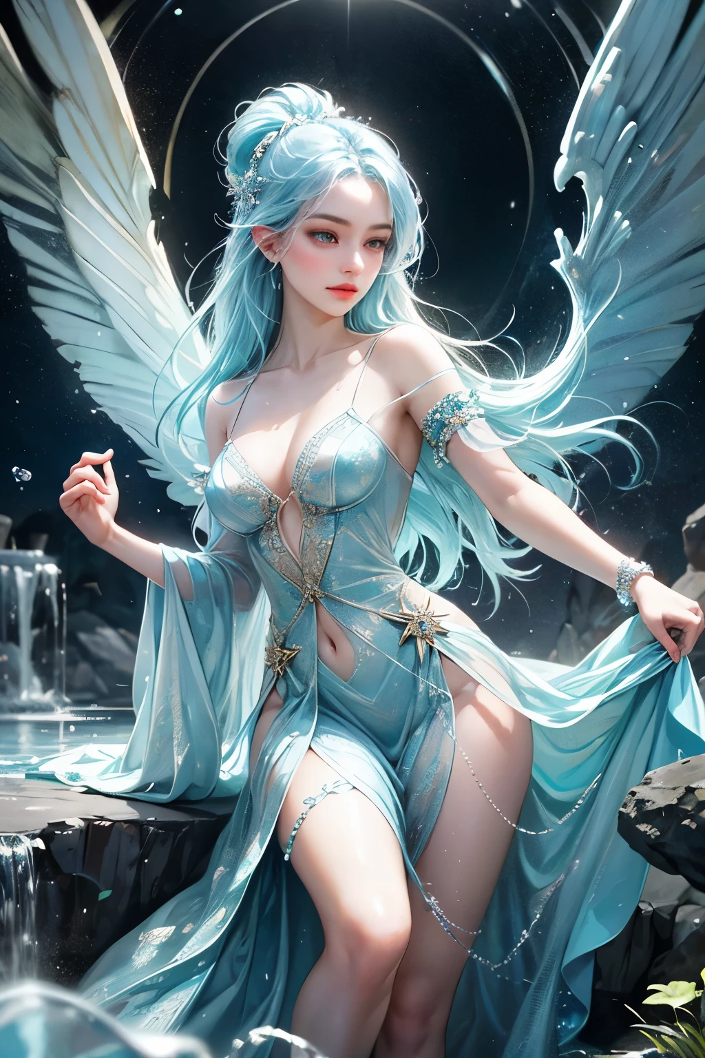 "Create an ultra-realistic image of a breathtaking young female fairy with large, ethereal wings that glisten like water and ice. She should be adorned in an elegant dress with various light blue shades that evoke the purity and fluidity of water. Depict her surrounded by elements of water and ice, such as cascading waterfalls and shimmering ice formations, to highlight her connection to these elements. Include a distinct water symbol or design on her body, signifying her role as the keeper of water and ice, and showcasing the powerful aquatic energy she possesses within her."