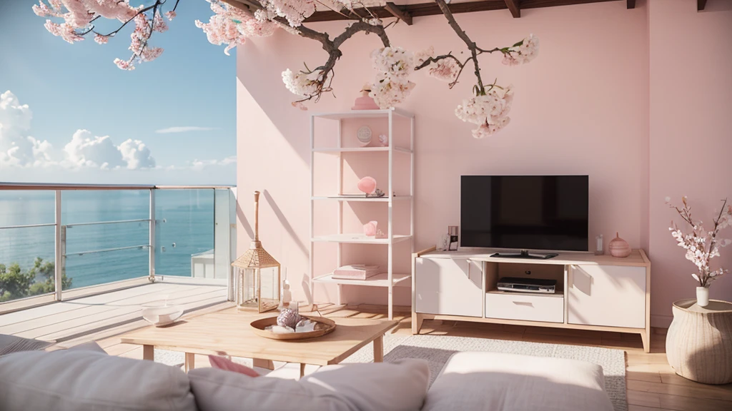 A screen is placed among the peach blossom branches,television ,White peach blossoms,television产品渲染,White and pale pink shades,Sky,3d,OC Renderer,High quality local rendering, Clean 3D Rendering,Hyper-realistic 3D rendering,