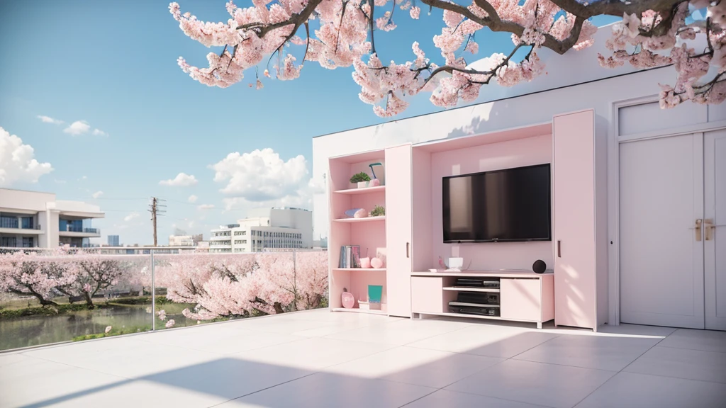 A screen is placed among the peach blossom branches，television ，White peach blossoms，television产品渲染，White and pale pink shades，Sky，3d，OC Renderer，High quality local rendering, Clean 3D Rendering，Hyper-realistic 3D rendering，