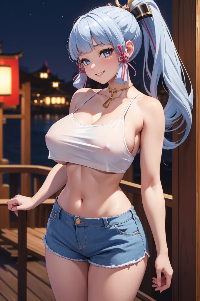 Masterpiece, high quality, 8k, ultra detail, ((kamisatoayakarnd)) standing, night,outdoors, (crop top), navel, (shorts), (off shoulders:1), choker, smile, armpit, (large breast), (nude arm)