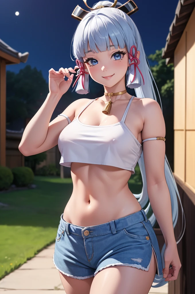 Masterpiece, high quality, 8k, ultra detail, ((kamisatoayakarnd)) standing, night,outdoors, (crop top), navel, (shorts), (off shoulders:1), choker, smile, armpit, (large breast), (nude arm)