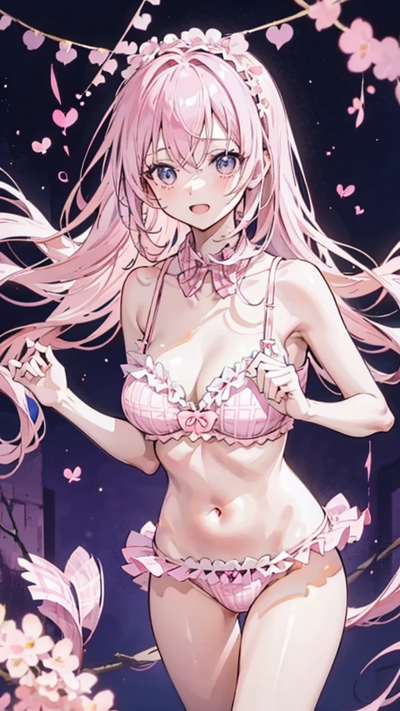 open mouth,pleasure,blush,embarrassed,(((low angle))),(best quality, 8k, masterpiece:1.2, nsfw,ultra-detailed,realistic,photorealistic,anime,Soft lighting,Bokeh), megurine_luka \(vocaloid\),Megurine_luka,1girl,Anime-like beautiful girl,silky smooth and very beautiful skin,very beautiful embarrassed face,Ordinary chest, 5headed body,Skinny type,Not muscular,5This refers to,Manicure is cherry colored, break, Perfectly beautiful figure,Height 162cm,Bust 87cm,Waist 56cm,Hip 85cm, blue eyes, girl, very long hair, purple eyes, long hair, solo, (bangs, pink hair, shining hair, violet braid, light pink hair, braid),official alternate costume, (((bikini underwear))), hair ornament, hair bow, collarbone, hair flower, (((casual underwear)), (((pink and light pink tartan plaids frilled underwear:1.4))),(((ribbon_trimmed underwear,frilled underwear))).