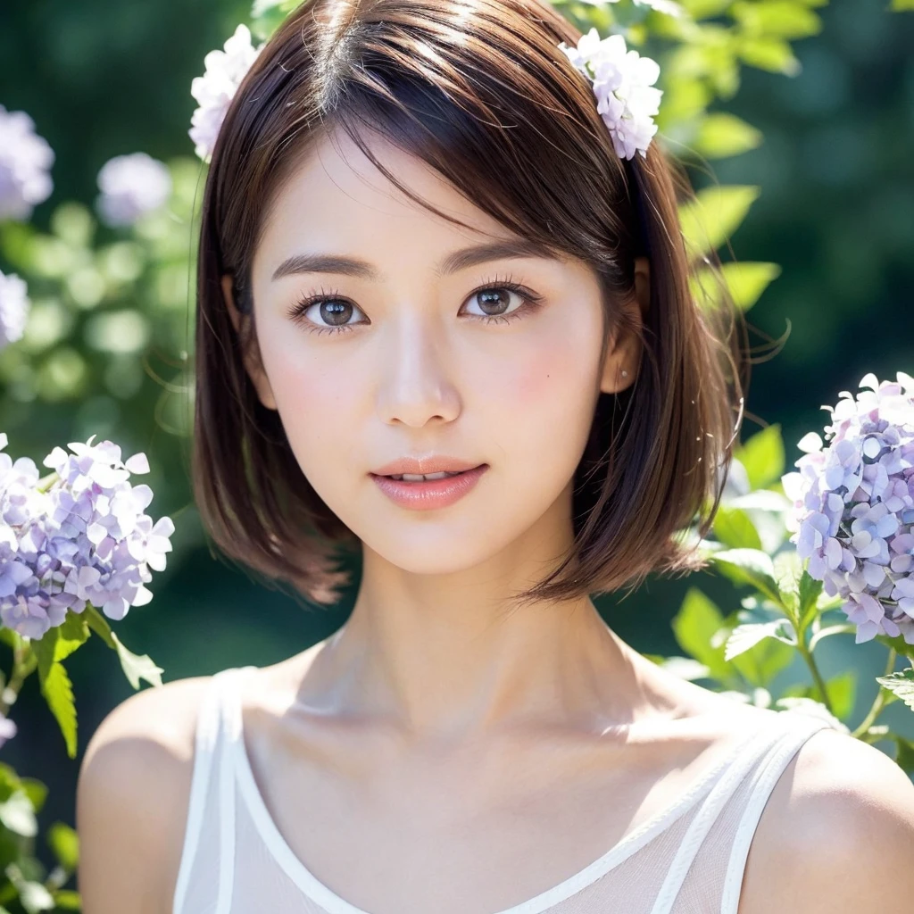 HASSELBLAD CAMERA, RAW photos, (Practical: 1.2), 1 Girl, (Beautiful and glamorous: 1.4), fluttering hair, White V-neck short-sleeved top, White sports shorts, White sneakers, detailed face, beautiful eyes, (Perfect body: 1.2), Air bangs, Pink lips, (detail: 1.2), 8K Ultra HD,Realistic,a 24 year old woman, simple background,Elegant temperament,Oval face,Smile,Shoulder length short hair,Delicate skin texture,There is a lavender hydrangea hair ornament on the head，The distant view has a vast field of flowers.,Summer fresh and natural feeling