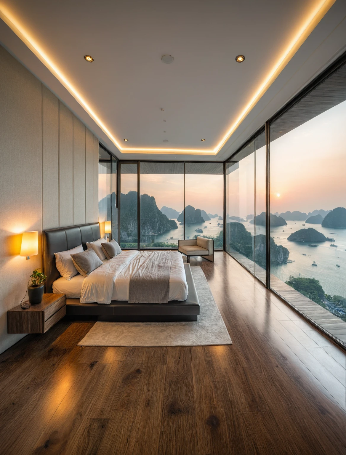 Raw photo,Masterpiece, high quality, best quality, authentic, super detail, interior, indoors, ((bedroom style modern luxury)), view sea halong bay , sunset, day light, bed, lamp, carpet, bedside cabinets, flower vase, wooden floor ,glass windows, downlight,
