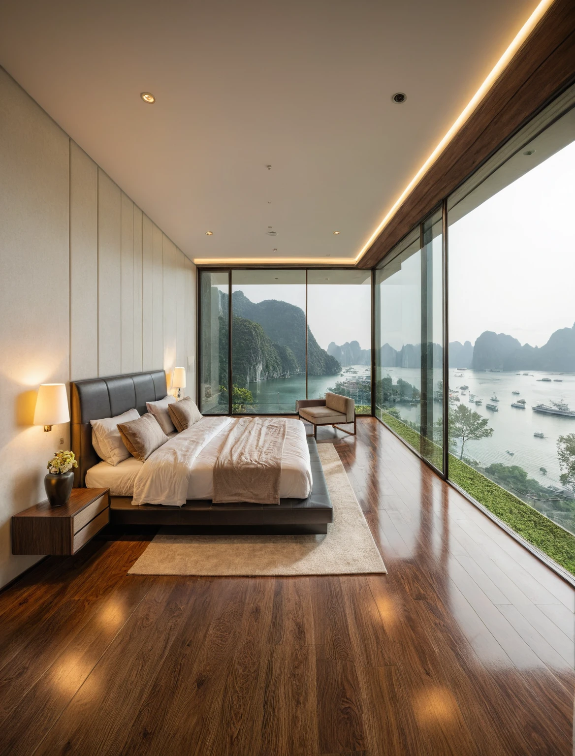 Raw photo,Masterpiece, high quality, best quality, authentic, super detail, interior, indoors, ((bedroom style modern luxury)), view sea halong bay , sunset, day light, bed, lamp, carpet, bedside cabinets, flower vase, wooden floor ,glass windows, downlight,
