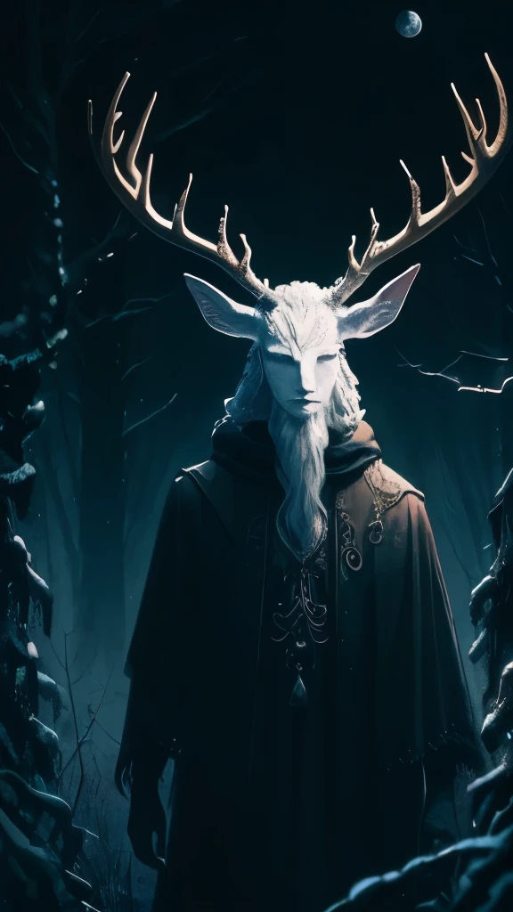 painting of a man with a deer and a moon in the background, horned god, heilung, goddess of the hunt and the moon, celtic antlered god, cernunnos, ancient antler deity, pagan goddess, wendigo, the wendigo, just art for dark metal music, southern gothic art, evil realm magic painting vibes, with horns