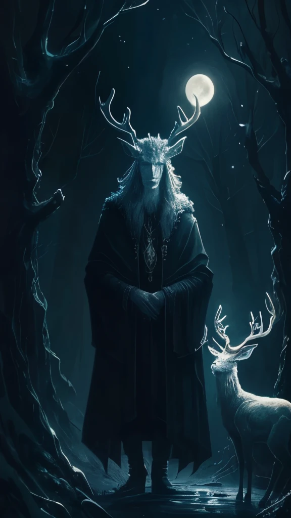 painting of a man with a deer and a moon in the background, a surrealist painting by lovecraft, tumblr, gothic art, horned god, heilung, goddess of the hunt and the moon, celtic antlered god, cernunnos, ancient antler deity, pagan goddess, wendigo, the wendigo, just art for dark metal music