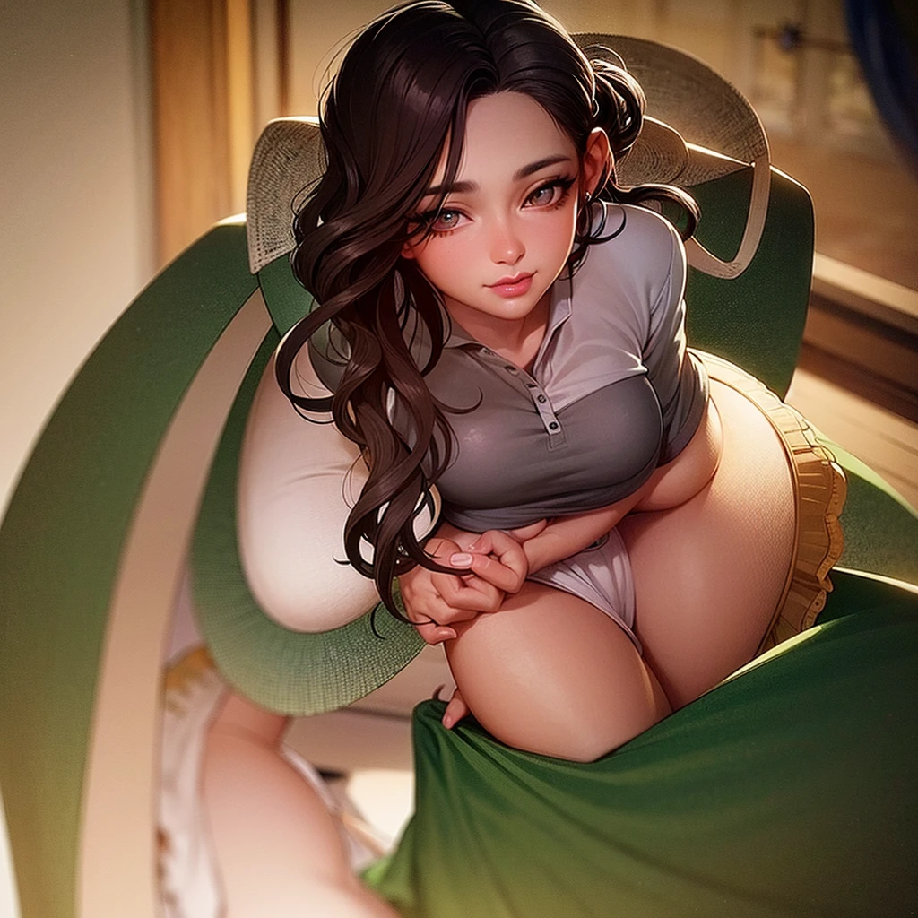 a cute trans girl, wavy dark brown hair, green eyes, fair skin, beautiful detailed eyes, beautiful detailed lips, extremely detailed face and features, longeyelashes, smiling, C+ cup breasts, wide hips, wearing a pink polo top, pastel light pleated skirt, photorealistic, highly detailed, studio lighting, professional, vibrant colors, cinematic lighting, intricate details