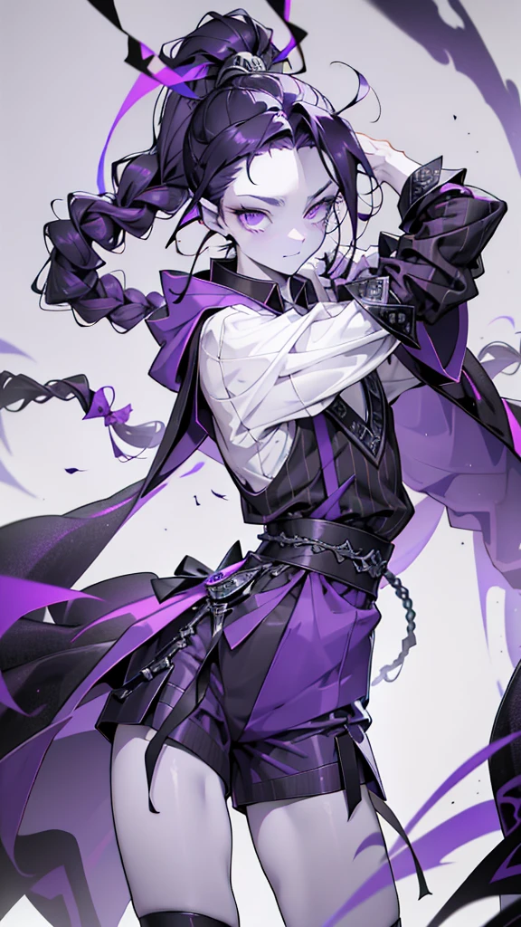 cheerful boy with open forehead. dark purple hair braided in a ponytail on the left side to one side. sinuous black horns wrapped in dark purple ribbon. pale violet eyes. in short dark purple shorts. long white T-shirt. dark purple knee-high socks. white long robe with hood. black ancient stone walls purple light from lamps with gold ornaments 