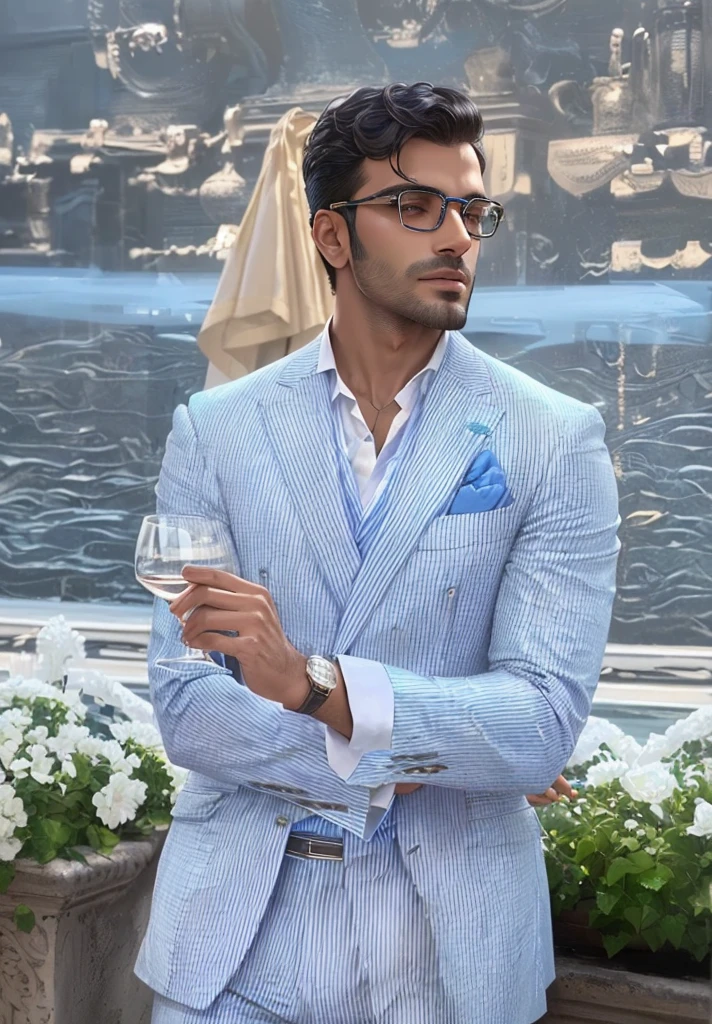 Arav man in blue suit and white shirt holding a glass of wine, wearing a light blue suit, striped seersucker suit, style of paolo parente, Wearing a suit，wearing glasses, Wearing a white suit，wearing glasses, Inspired by Francesco Raibolini, Wearing colorful men&#39;s suits, High quality suits, vincenzo catena style, Handsome and elegant