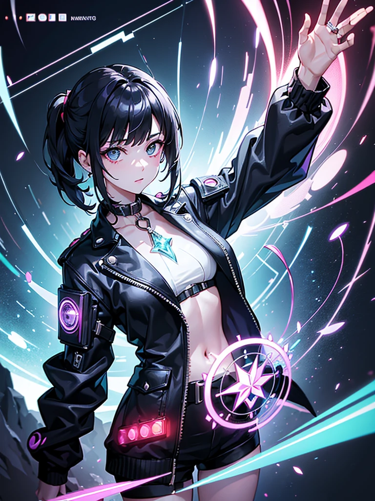 a girl，Magician，((Fashionable clothing))，((Cyberpunk style))，((magic circle))，bud，crystal，spark，Water Flow，((Multi-element))，wave，((Super detailed))，((Rendering))，best picture