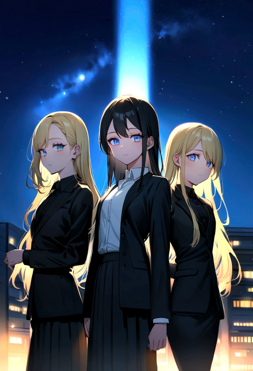 (Highest quality)Group photo of 3 people, half body Girl 1, teenager, long hair, blue sky, blue eyes, black suit shirt, black skirt, The second girl, a teenager, has long bright yellow hair, blue eyes, a black suit shirt, a black skirt.,3rd girl, teenager, long light blonde hair, blue eyes, black suit shirt, black skirt., Beautiful morning light(Detailed background, morning (little light pollution))